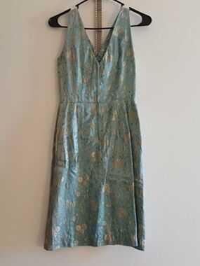 Vintage 1960s Blue Brocade Sleeveless V Neck Size XS Sweater and Sheath Dress